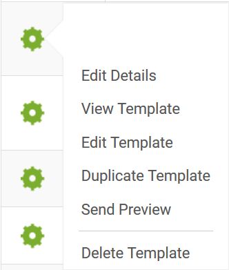 The gear options, including Edit Details, View Template, Edit Template, Duplicate Template, Send Preview, and Delete Template