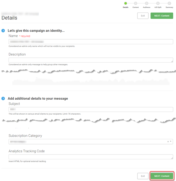 The details page, showing the Name, Description, Subject, Subscription Category, and Analytics Tracking Codes fields, with the NEXT: Content button highlighted in red.
