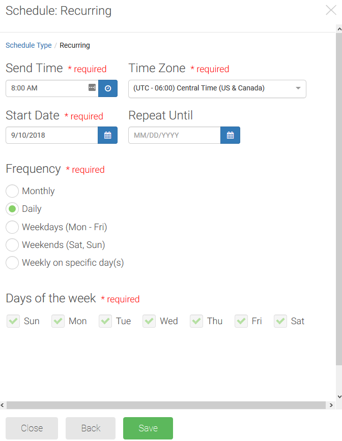 The Schedule: Recurring screen, with options to set Send Time, Time Zone, Start Date, Repeat Until, Frequency, and Days of the Week.