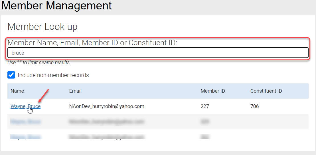 Member look-up screen, with the "Member Name, Email, Member ID or Constituent ID:" search field highlighted in red and filled out with "bruce." "Wayne, Bruce" is a search result indicated with an arrow.