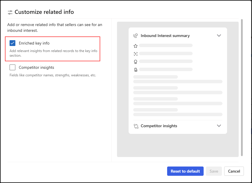 The Customize related info page displaying the 'Enriched key info' check box as selected.