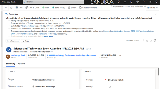 The image displays the expanded summary insight banner section for the Inbound Interest record.
