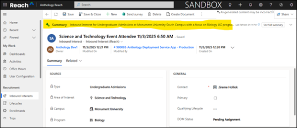 The image displays the summary insight banner section for the Inbound Interest record.