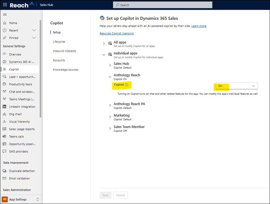 This image displays the Setup page displaying the Copilot option as On for the Anthology Reach model-driven app.