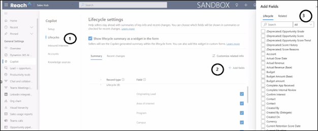 The Lifecycle settings page displaying the selected fields that will be used for generating AI summary.