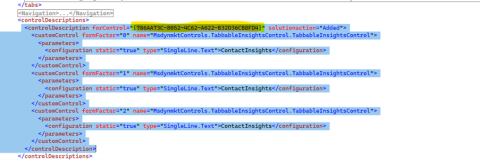 The Form XML of the Contact form displaying the controlDescription code section for the Insights tab.