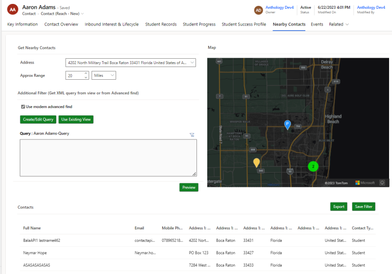 The Nearby Contact tab in the Contact page displaying the Map and the Contact grid