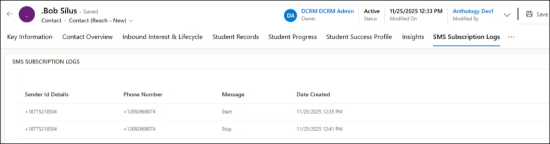 SMS message activities displayed in the "SMS Subscription Logs" tab.