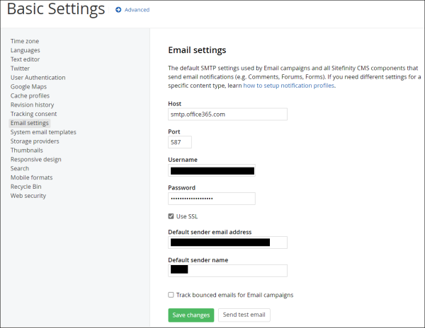 Sitefinity Basic Email Settings page