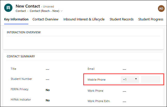 The 'Mobile Phone' field with the phone format control in the Contact (Reach - New) form