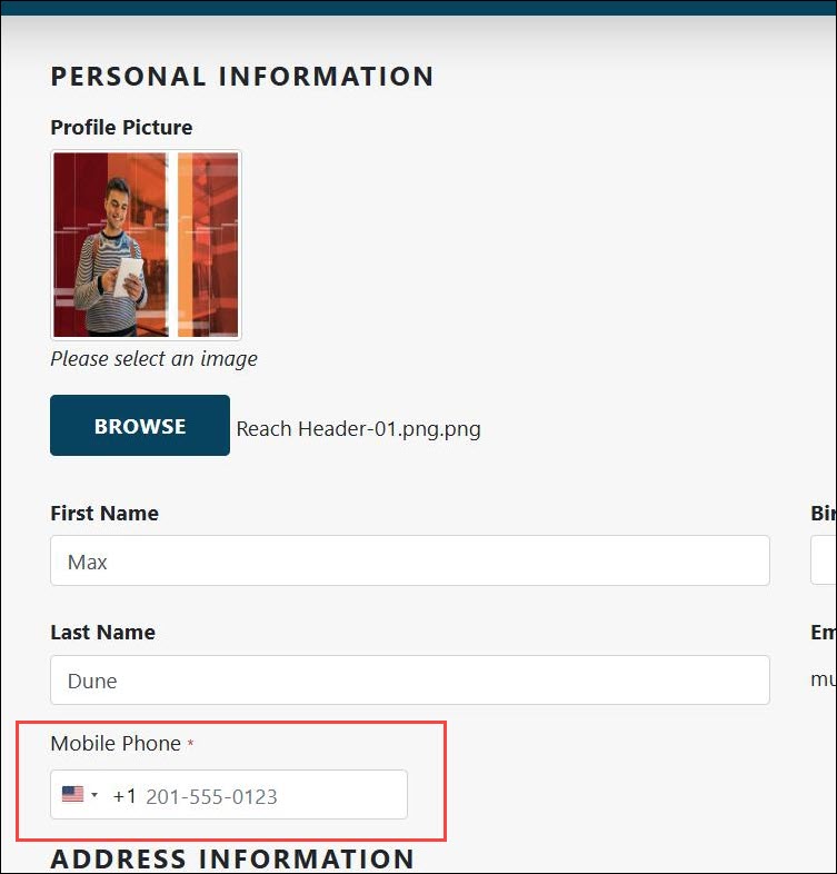 The 'Mobile Phone' field on the Profile page on the Portal displaying the phone format