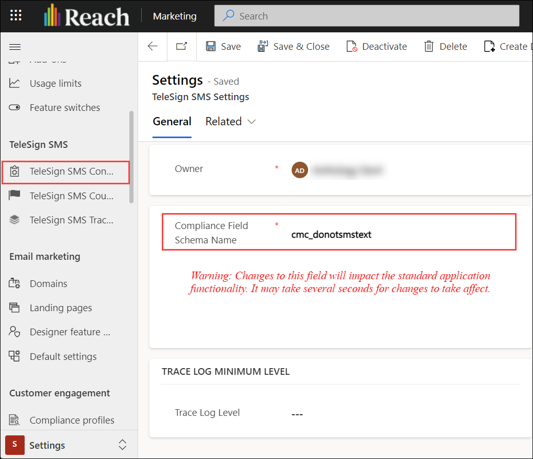 The TeleSign SMS Settings page displaying the Compliance Field Schema Name with the value cmc_donotsmstext.
