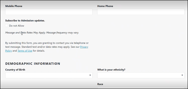 Screenshot of a sample RFI form with the mobile T&C and privacy policy links, and a statement around the message frequency details.