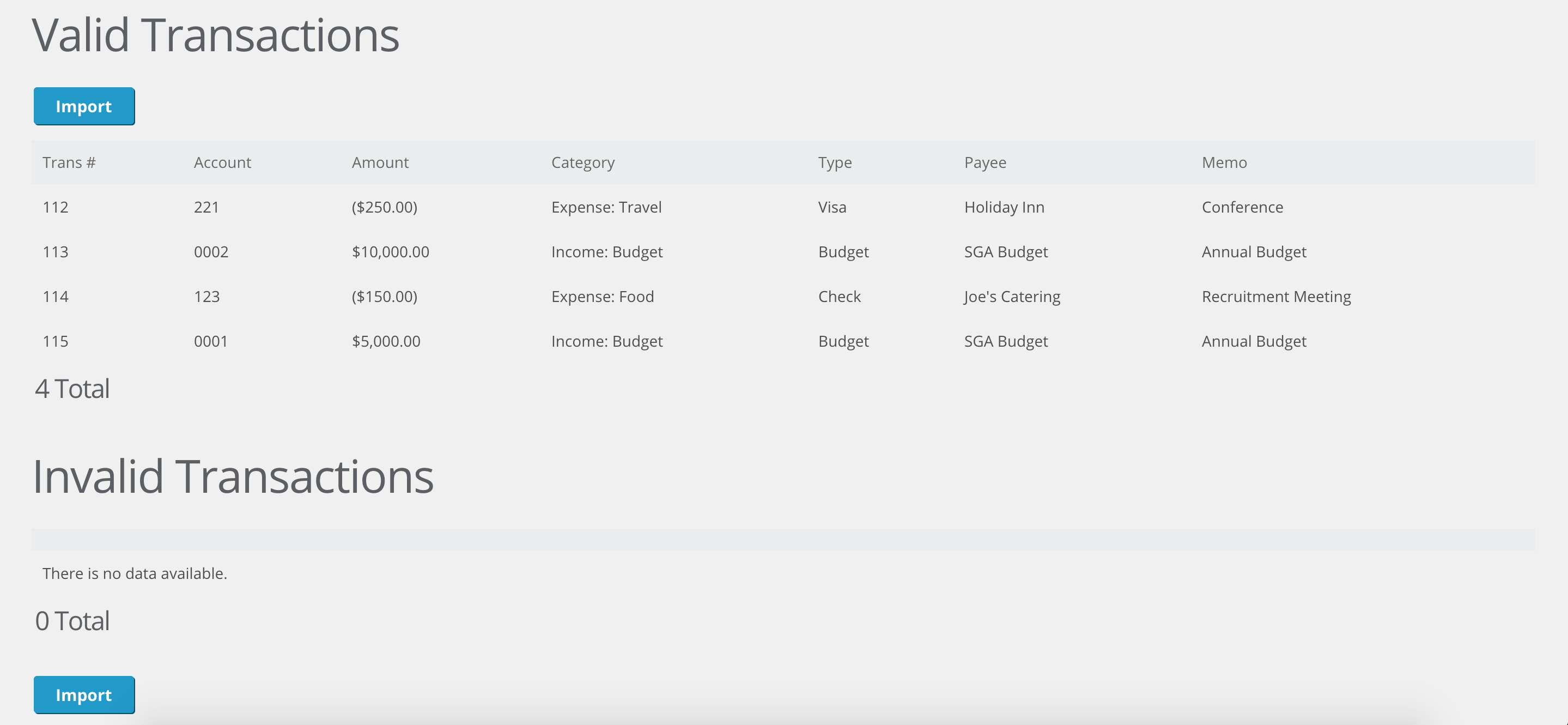 the screenshot shows error results after importing the transactions