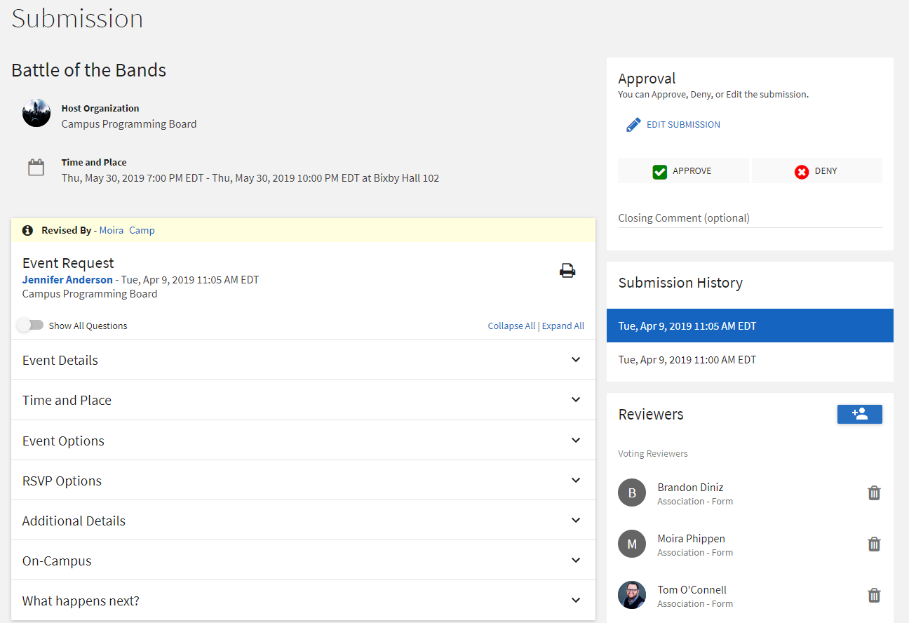 the screenshot shows the event review page with a submission history