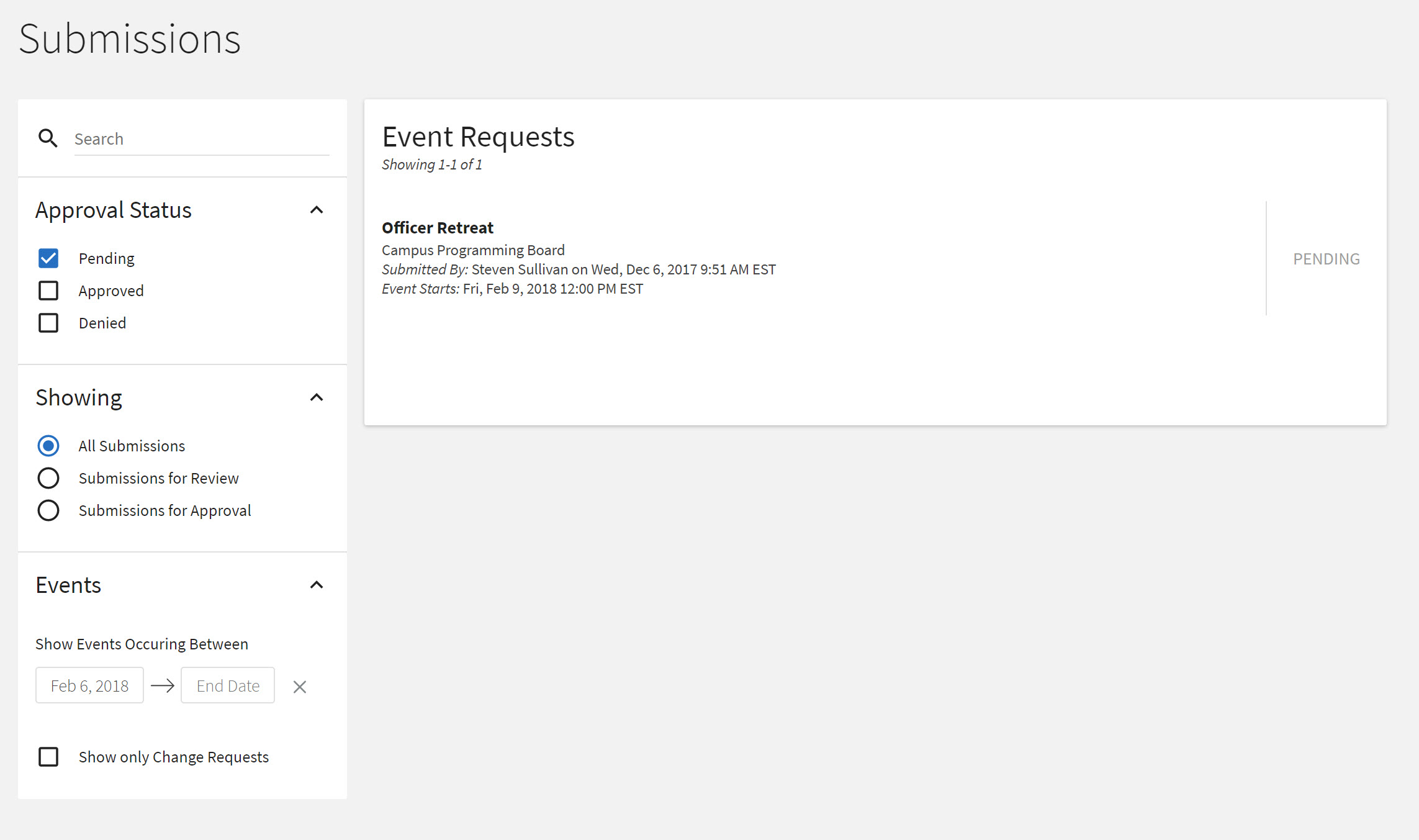 a screenshot of the complete event submission list