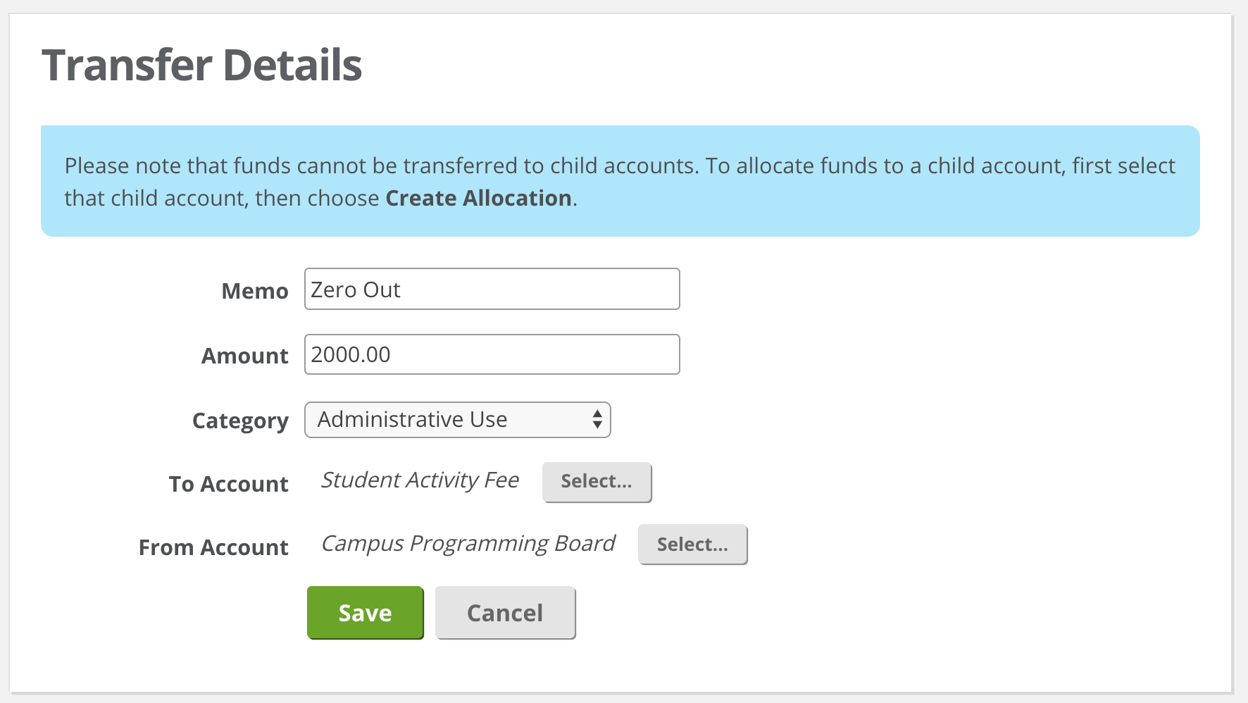 the screenshot shows an example of a completed transaction, with 'Zero Out' in the memo and $2000 as the total for a transfer.