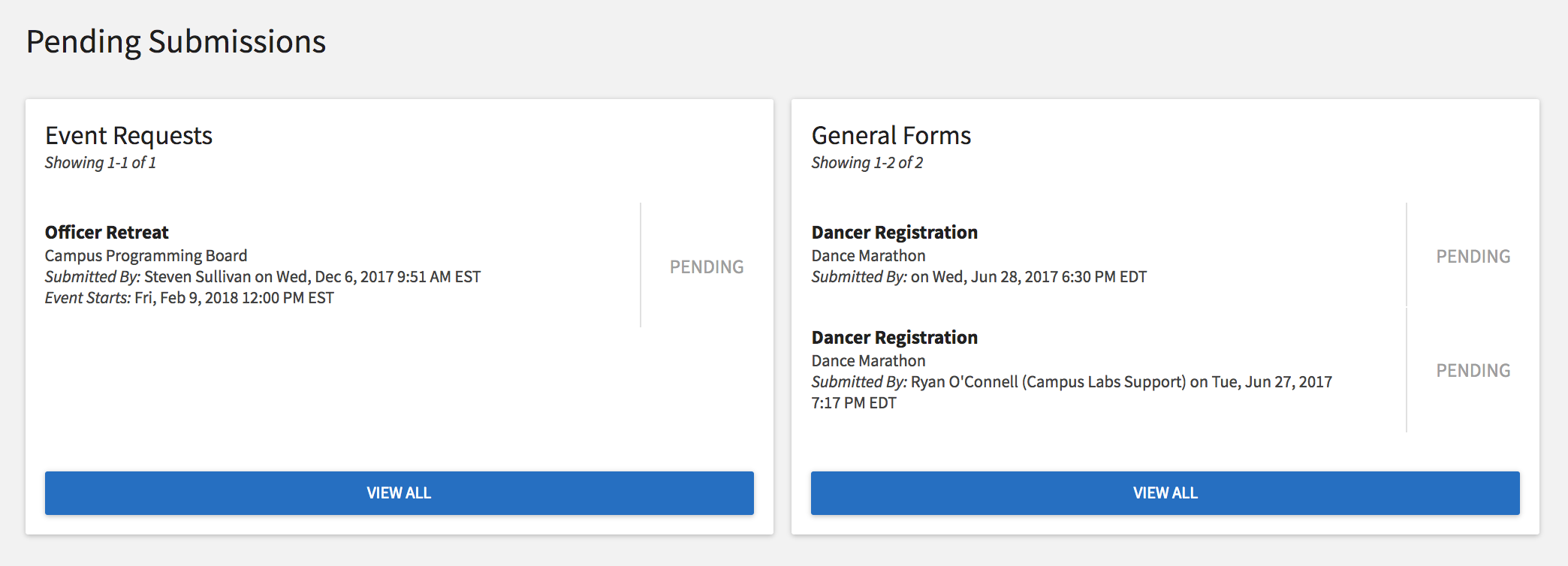 a screenshot displaiyng review queues for event requests and general forms