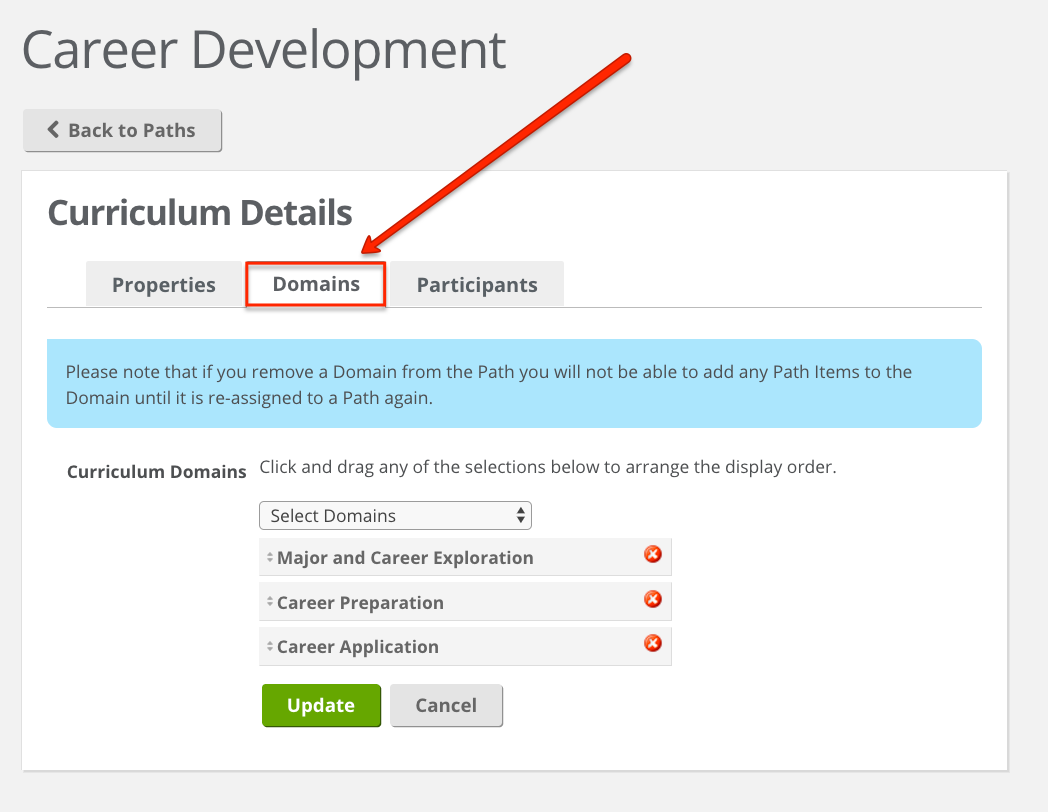 The screenshot shows the Domains tab of a Path's settings