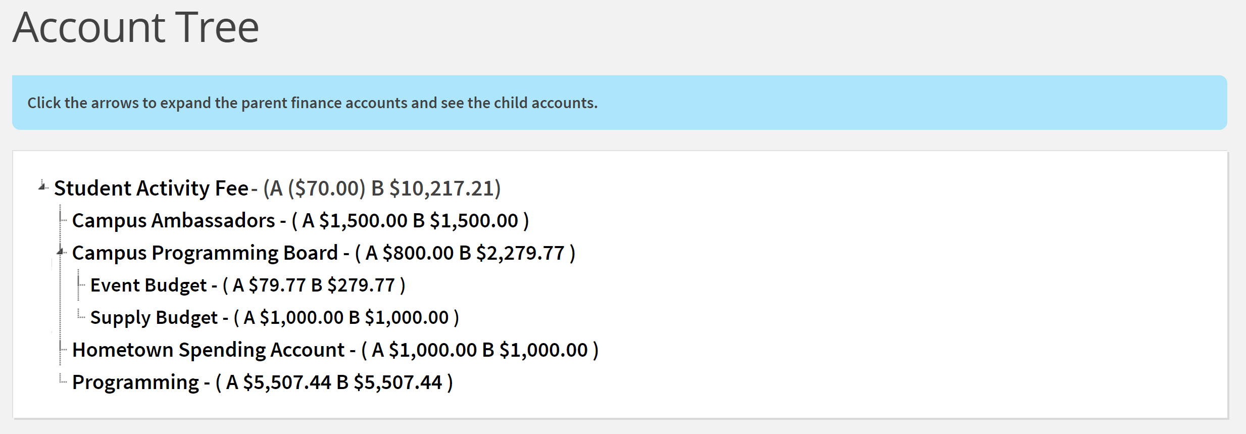 A screenshot of an example Engage account tree with each parent account expanded. There are 3 shown levels.