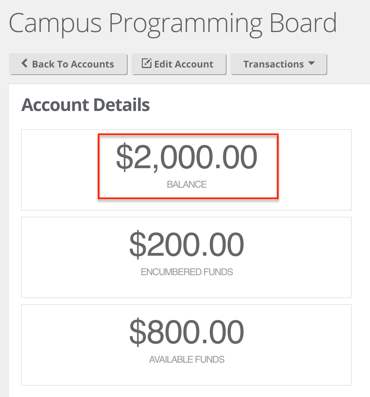 The screenshot shows an account's details. The balance of 2000 is highlighted.