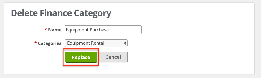 The screenshot displays the prompt when a finance category is deleted.