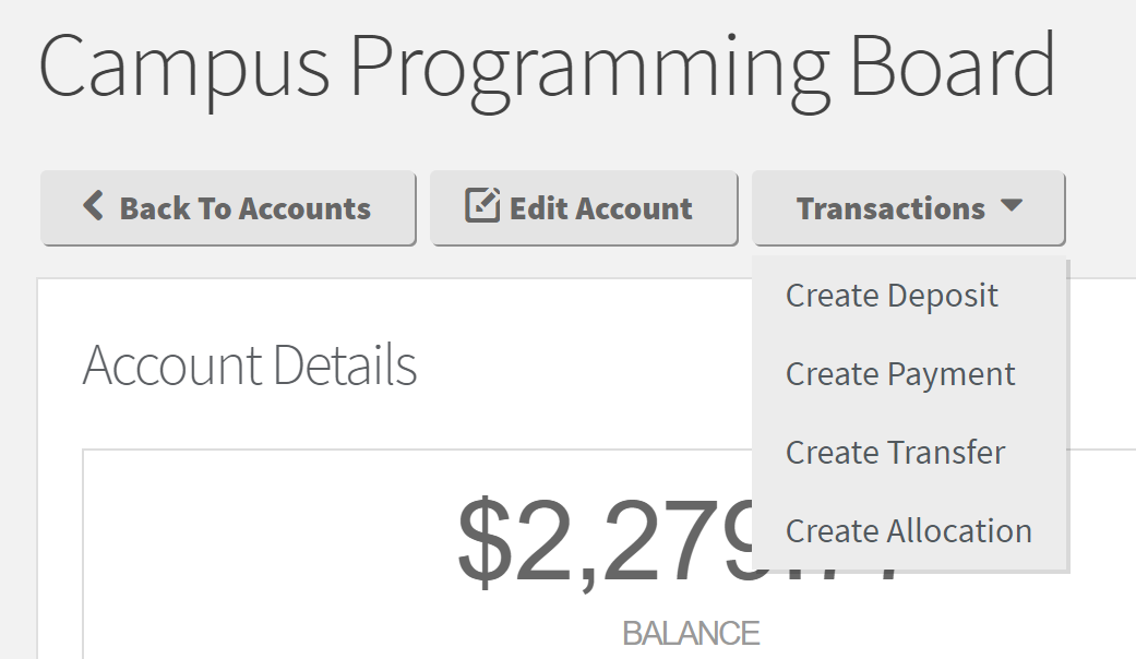 A screenshot showing the transaction buttons with an account.