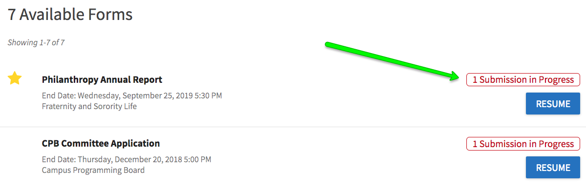 The screenshot highlights in-progres submissions within the forms directory