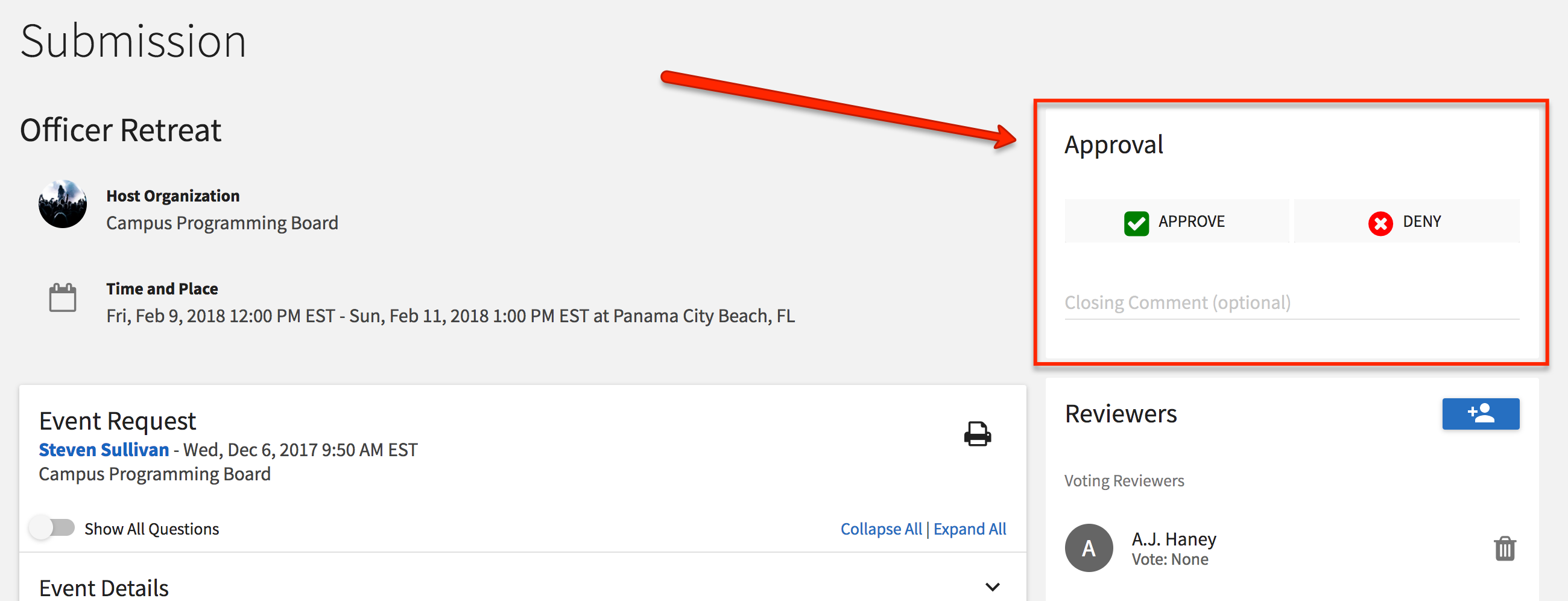 a screenshot showing the final approve/deny buttons on the event review screen