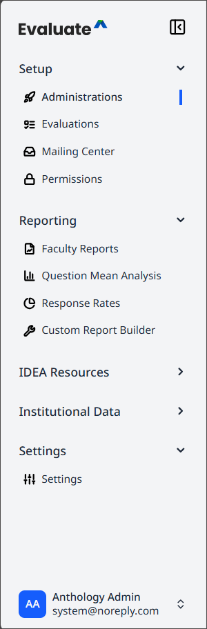 The Evaluate navigation menu. The Setup section is expanded to show Administrations, Evaluations, Mailing Center, and Permissions. The Reporting section is expanded to show Faculty Report, Question Mean Analysis, Response Rates, and Custom Report Builder. The IDEA Resources and Institutional Data sections are collapsed. The Settings section is expanded to show Settings.