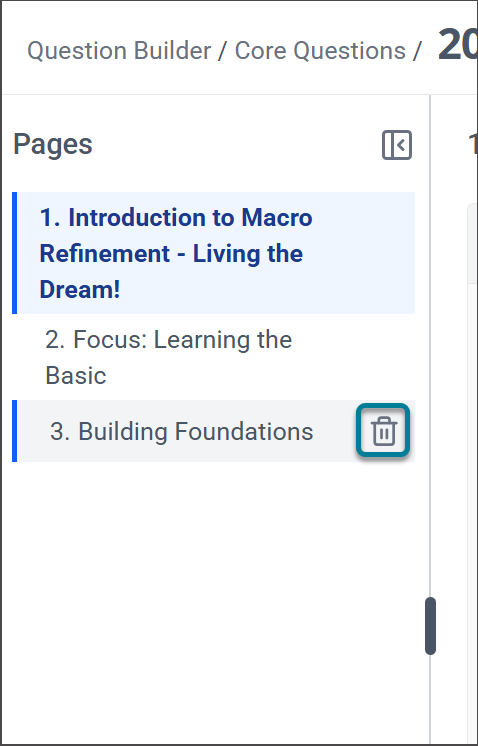 The Pages panel of the Evaluate builder, with three pages showing. The page Building Foundations has a shaded gray background and a Delete button, which looks like a trash can, next to it.