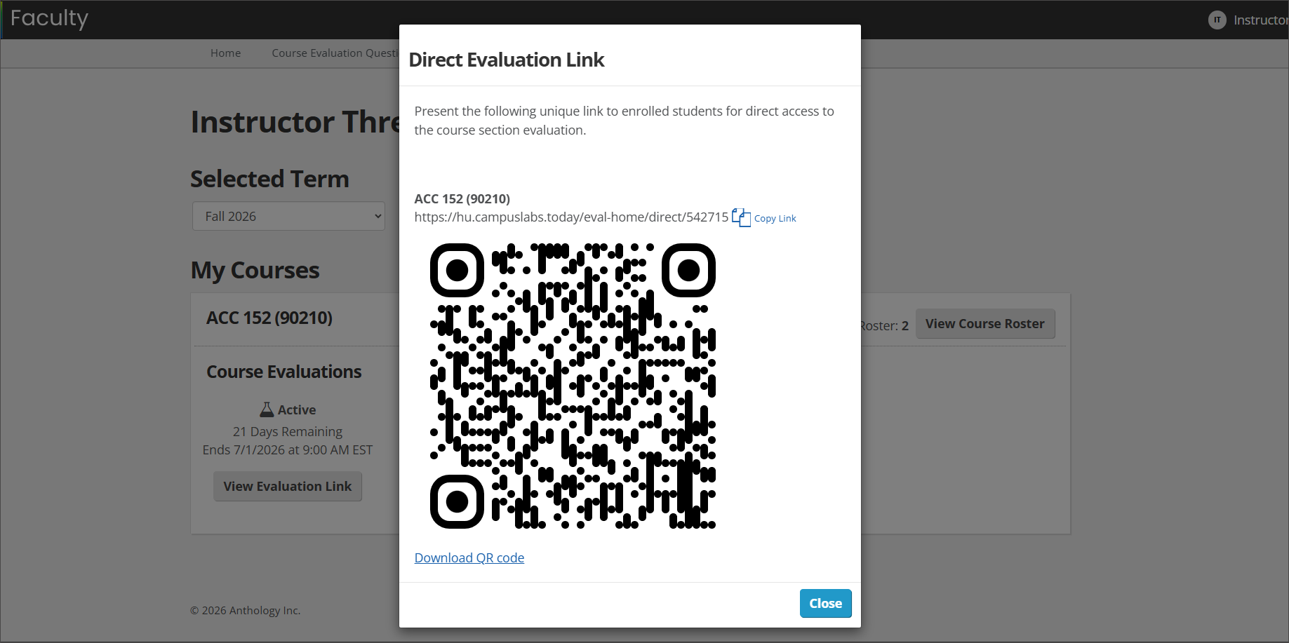 The Direct Evaluation Link modal, showing a link to the evaluation with "Copy link" next to it, and a QR code with "Download QR code" underneath it. There is a Close button in the bottom right.