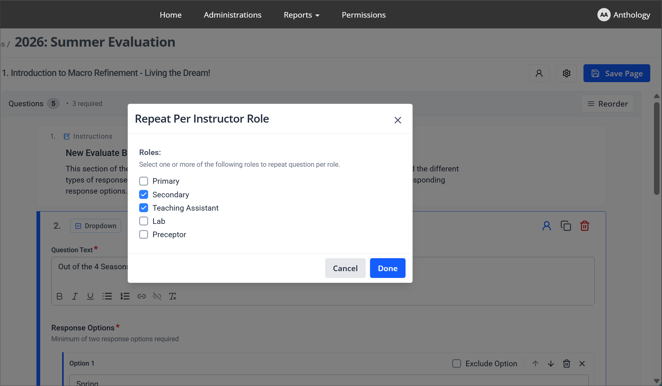 The Repeat Per Instructor Role window, listing the roles Primary, Secondary, Teaching Assistant, Lab, and Preceptor.