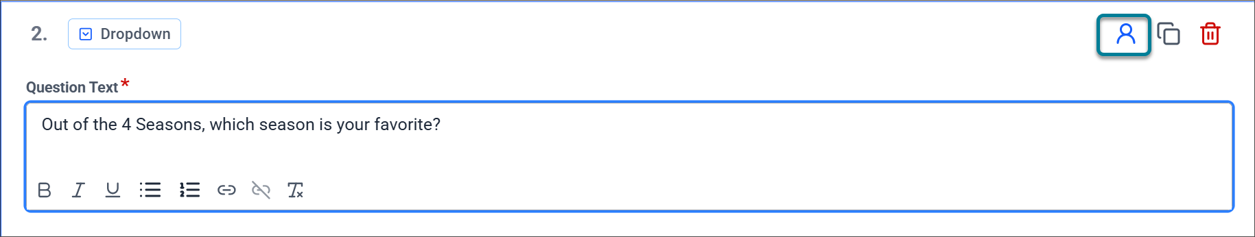 The question text box, with the text "Out of the 4 Seasons, which season is your favorite?" entered. There are formatting option buttons at the bottom left of the box. Above the box, on the right, are the Instructor Role Repeat button (highlighted), the Duplicate Question button, and the Delete Question button.