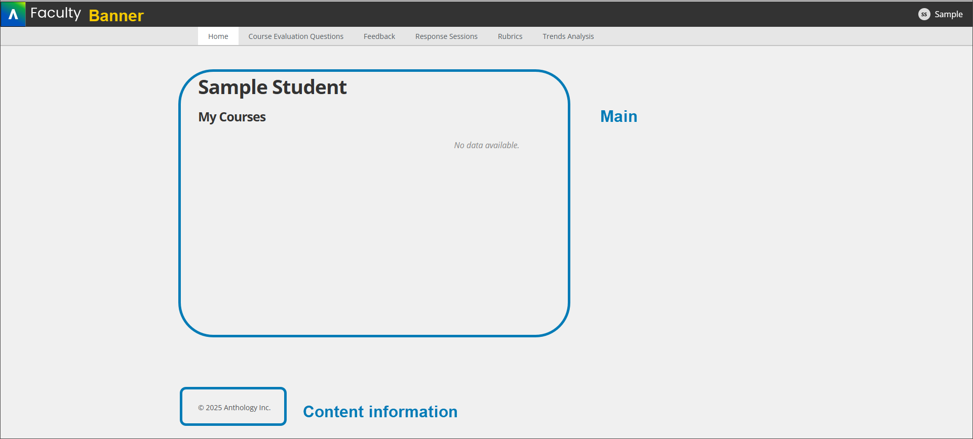 The Evaluate page for a student. The banner is at the top. In the main area, there's a heading for Sample Student, with an H2 heading below for My Courses. Copyright information is at the bottom, labeled as content information.