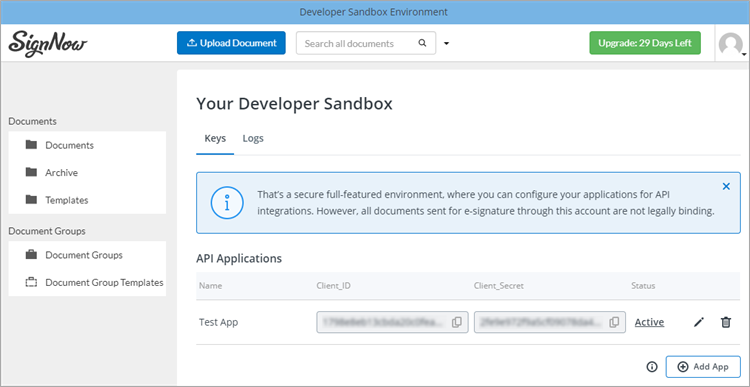 Sign Now Developer Sandbox