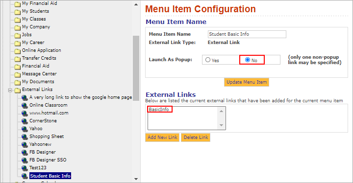 External Link > Menu Item Configuration