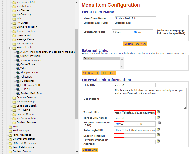 External Link > Menu Item Configuration