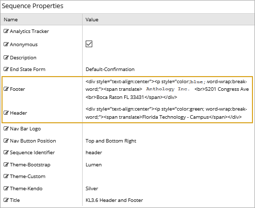 Sequence Footer and Header Properties