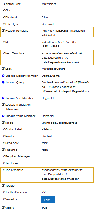 Multiselect properties