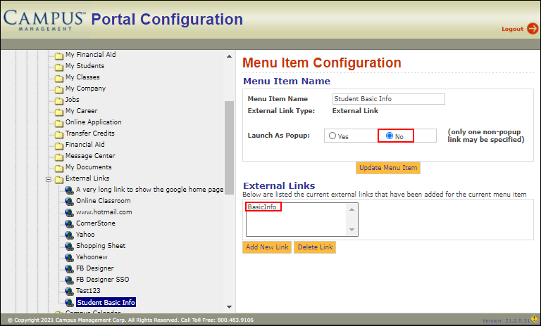External Link > Menu Item Configuration