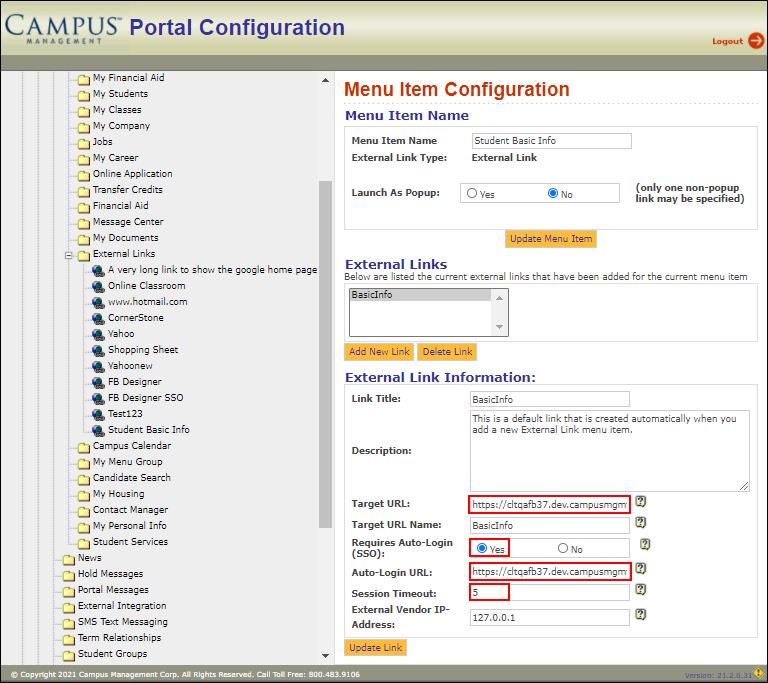 External Link > Menu Item Configuration