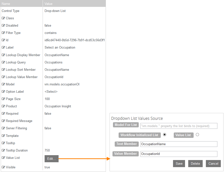 Drop-down List for Occupations