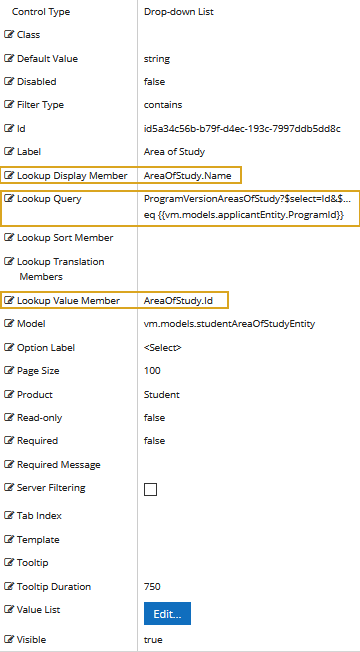 Drop-down List for Area of Study