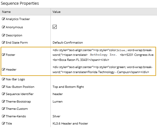 Sequence Footer and Header Properties