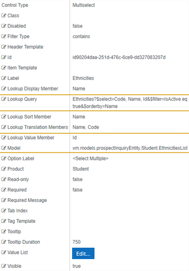 Multiselect properties