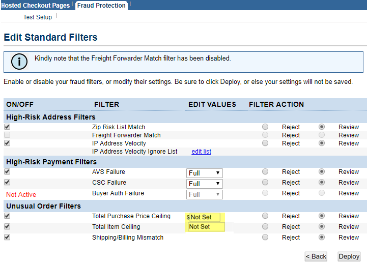 Fraud filter not set