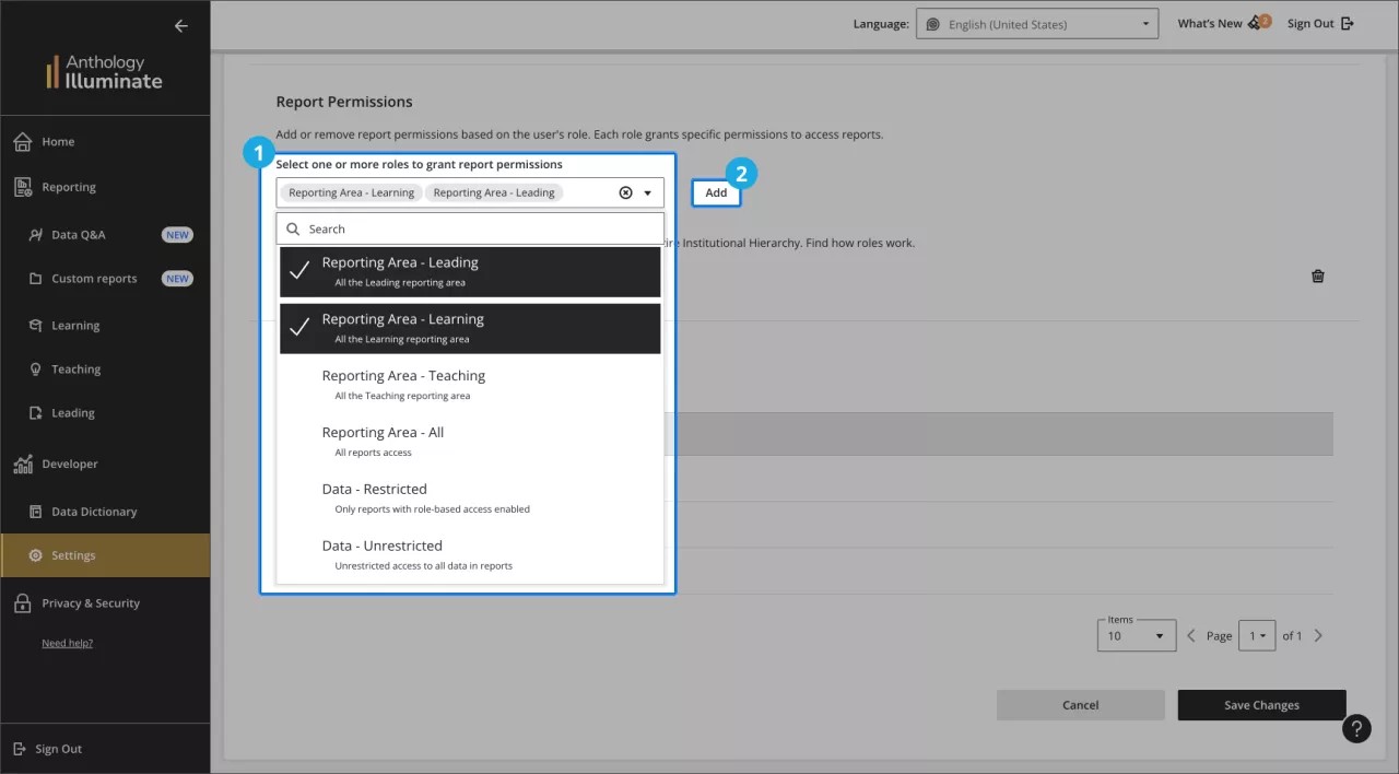 The image shows the dropdown menu from the 'Report permissions' section highlighted, and the 'Add' button is selected and highlighted.