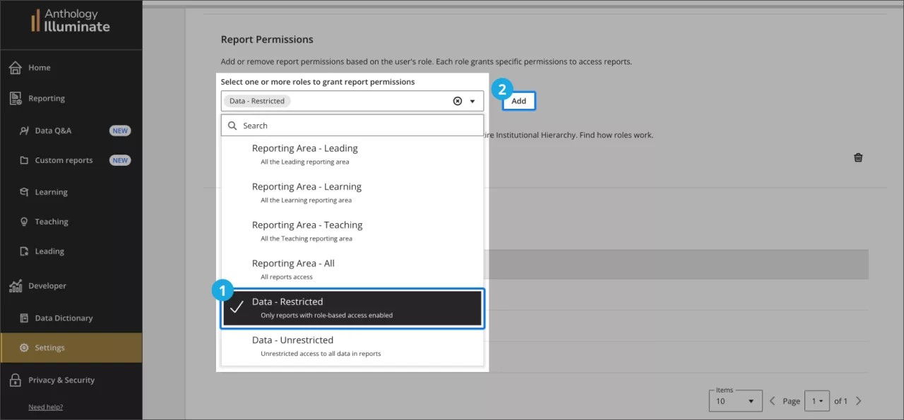 The image shows that the 'Data - Restricted' option is selected from the roles dropdown menu, and the 'Add' button is selected and highlighted.