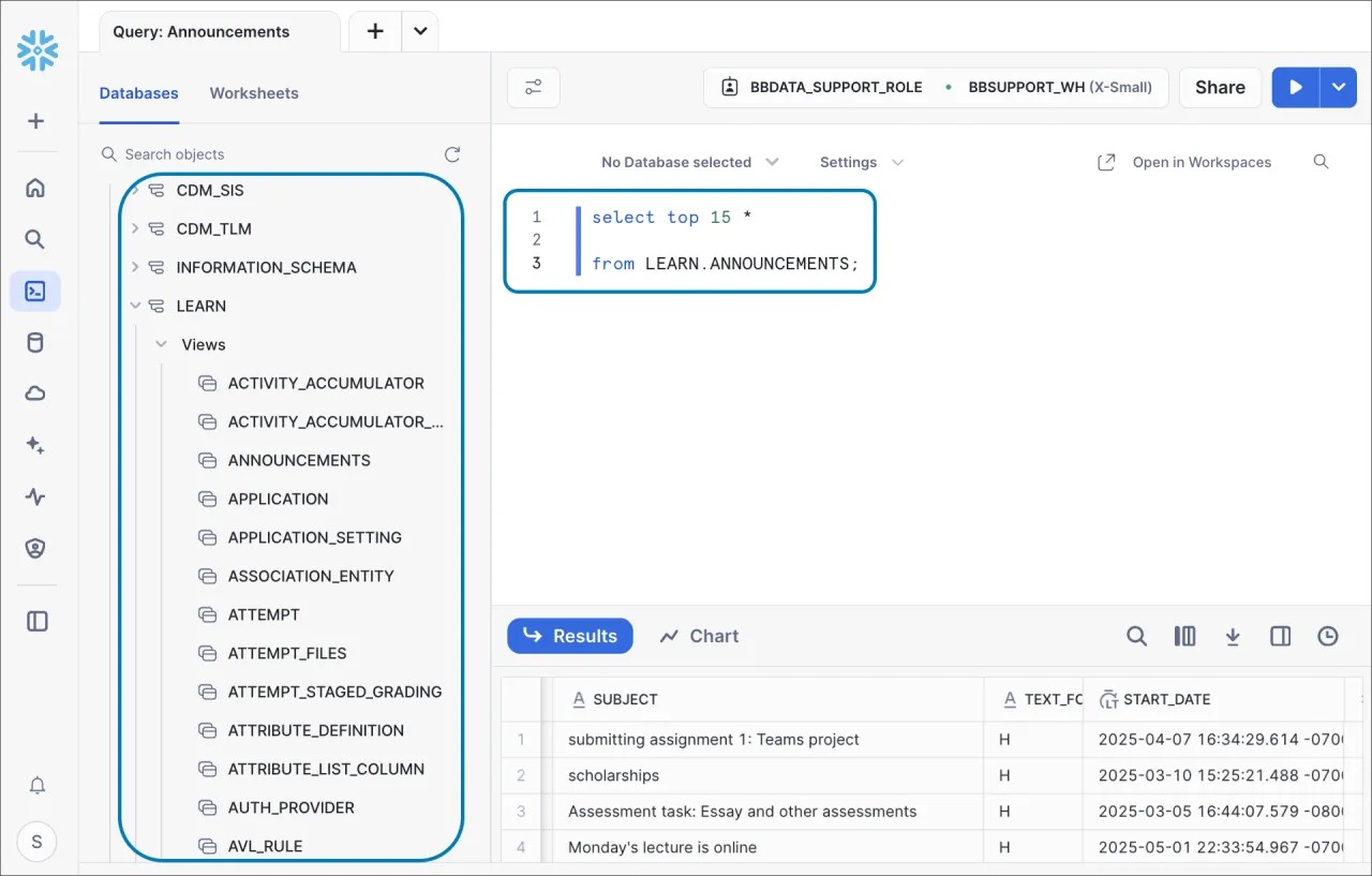 Snowflake, with LEARN tables on the left and SQL on the right